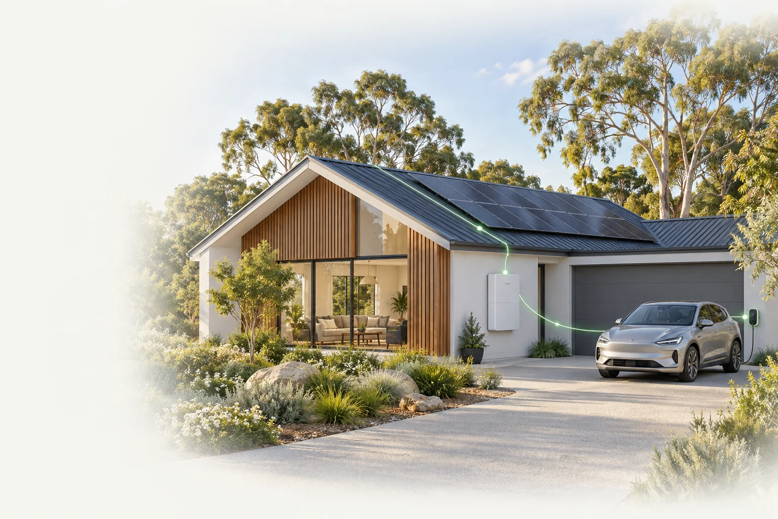 A sunlit Australian home with rooftop solar, a wall battery and an electric vehicle, connected by subtle energy paths.